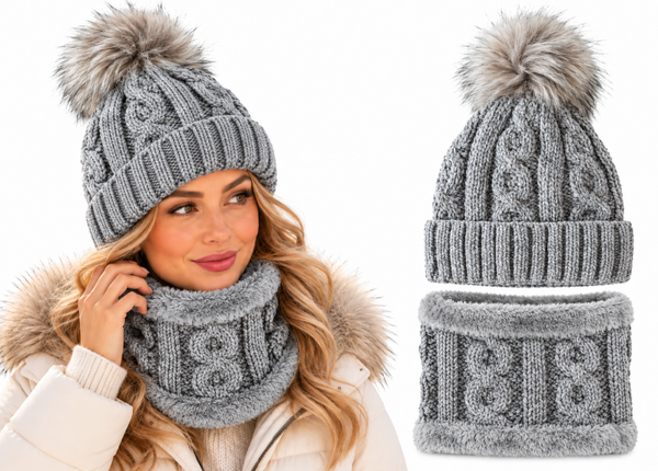 Dames Winterset Velvet Muts & Colsjaal – 2-Delig – Warme Fleece Voering – Zacht Velvet – Grijs
