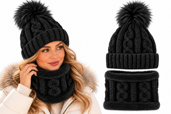 Dames Winterset Muts & Colsjaal – 2-Delig – Warme Fleece Voering – Zacht Velvet – Zwart