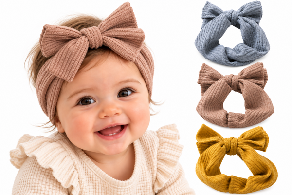 Baby Haarbandjes met Strik – 3 Stuks – Gebreid & Warm – Meisjes Haarband – 3-18 Maanden – Blauw, Geel & Roze