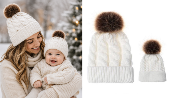 Matching ouder Kind (3-24 mnd) winter muts beanie pompom wit