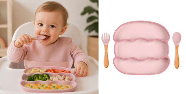 3-Vaks Babybord Geribbeld – Met Houten Bestek – Roze – BPA-vrij