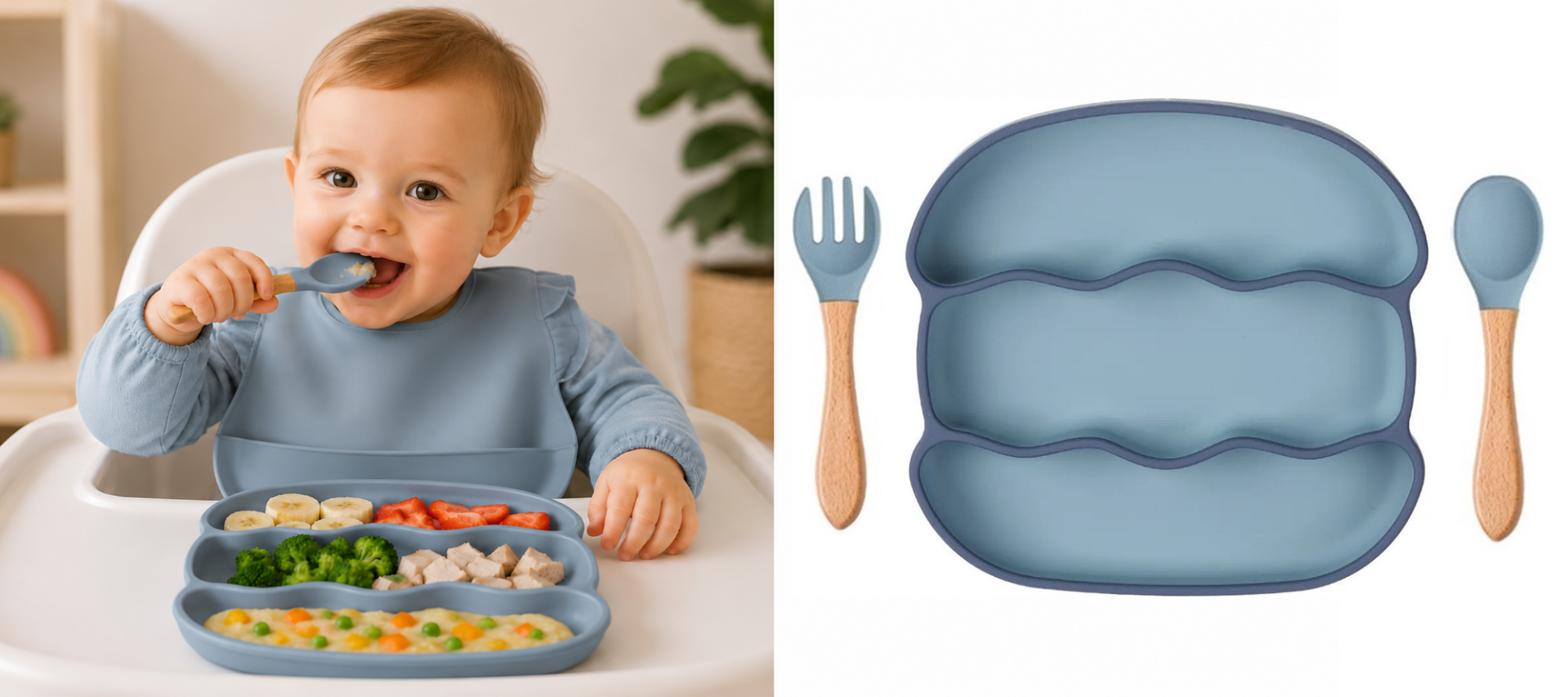 3-Vaks Babybord Geribbeld - met Houten Bestek - Blauw
