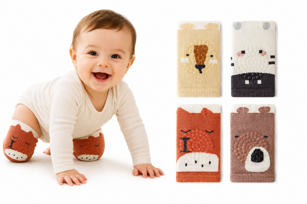Baby Kniebeschermers Antislip – Set van 4 Dierendesigns – Kruipsokken voor Baby's en Peuters – Bescherming & Extra Grip – Leeuw, Zebra, Vos en Beer