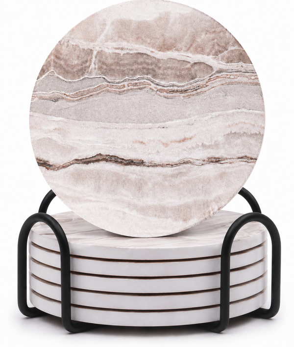 Onderzetters voor Glazen, Bekers & Kopjes – Set van 6 – Rond - Mat – Beige Marmerlook – Met Kurken Onderzijde & Zwarte Metalen Houder
