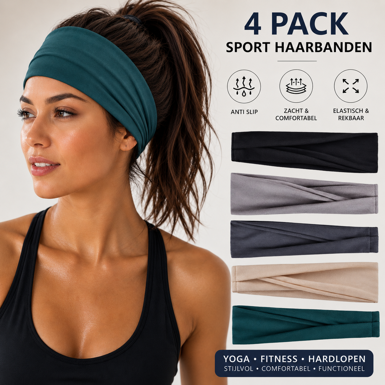 Dames Sport Haarbanden – 5 Stuks – Donkergroen, Grijs, Zwart & Beige – Elastisch