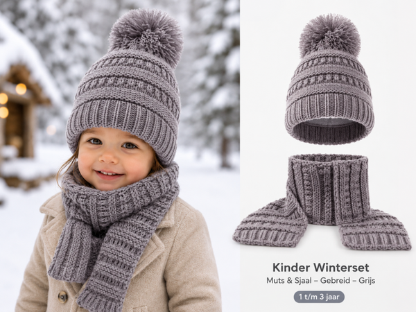 Gebreide Set Muts & Sjaal Kind – Grijs – 1 t/m 3 jaar
