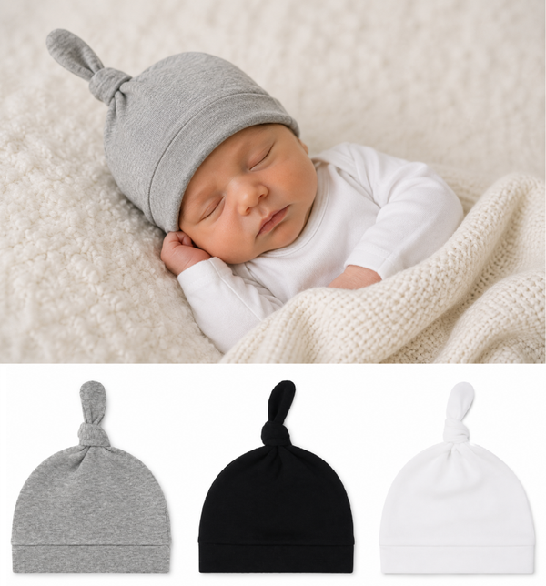 3 pack - newborn babymutsjes met knoop - effen zwart - pasgeboren baby muts