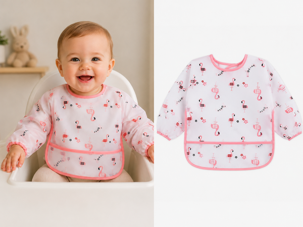 Slabbetje lange mouwen met brede opvangbak - Roze Flamingo