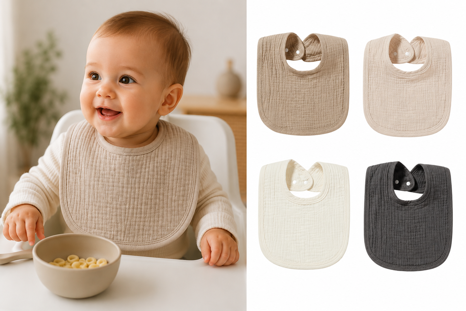 4 stuks Hydrofiele Slabbetjes - Baby 0-2 jaar - Donkergroen, Bruin, Taupe, Crème