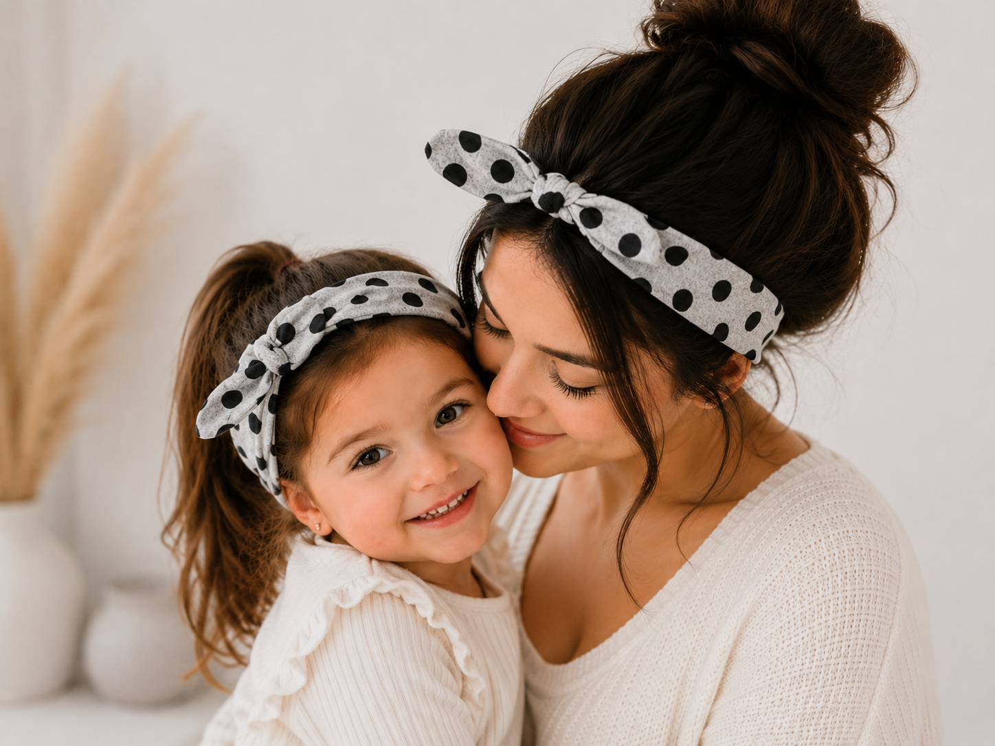 Matching moeder dochter (2-8 jaar) haarbanden stippen grijs - twinning - dames meisje haarbandjes met strik