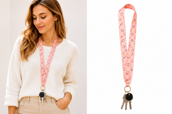 Fashion Key cord | Sleutelhanger met koord - lint met goudkleurige sluiting | Roze met appels |