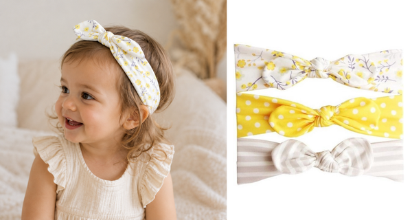 Set van 3 peuter haarbandjes – geel, grijs & gebloemd – meisjes haarbandjes met strik – 2-4 jaar