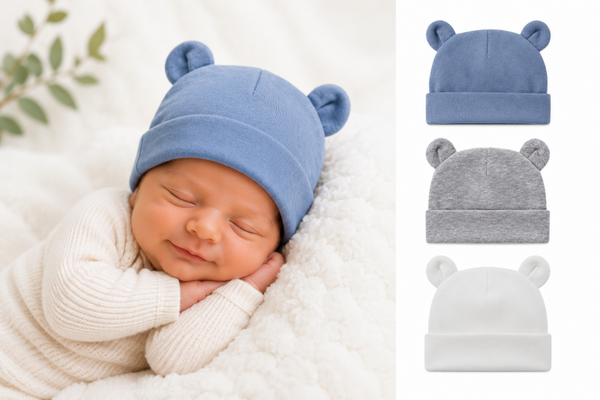 3 pack Babymutsjes newborn Beervorm effen navy wit grijs