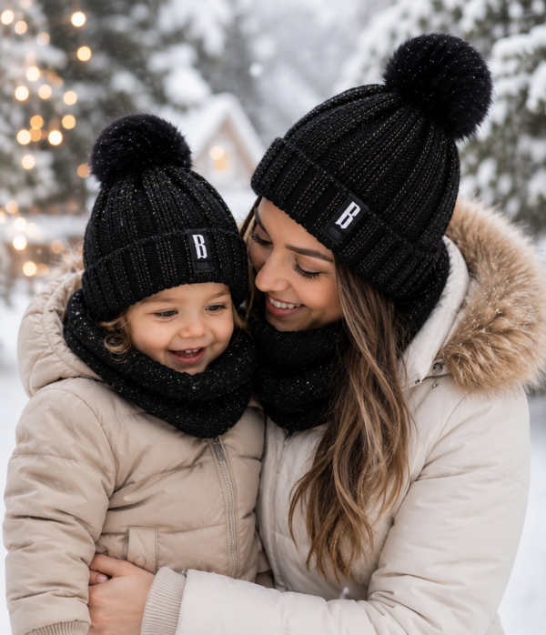 BB – Matching Moeder & Kind Winterset – Muts & Sjaal met Pompom – Zwart (1 t/m 3 jaar)