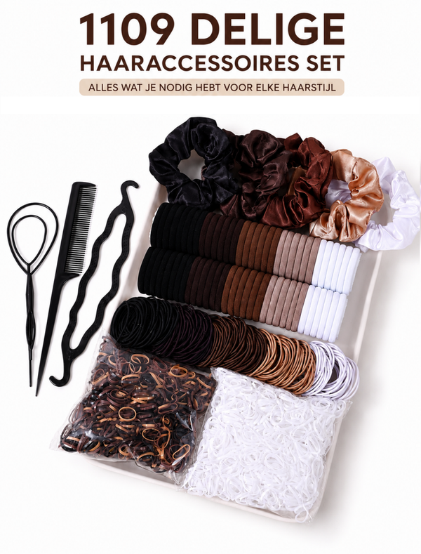 1109 Delige Haaraccessoires Set voor Dames & Meisjes – Beige Bruin Wit – Scrunchies, Haarelastiekjes & Styling Tools