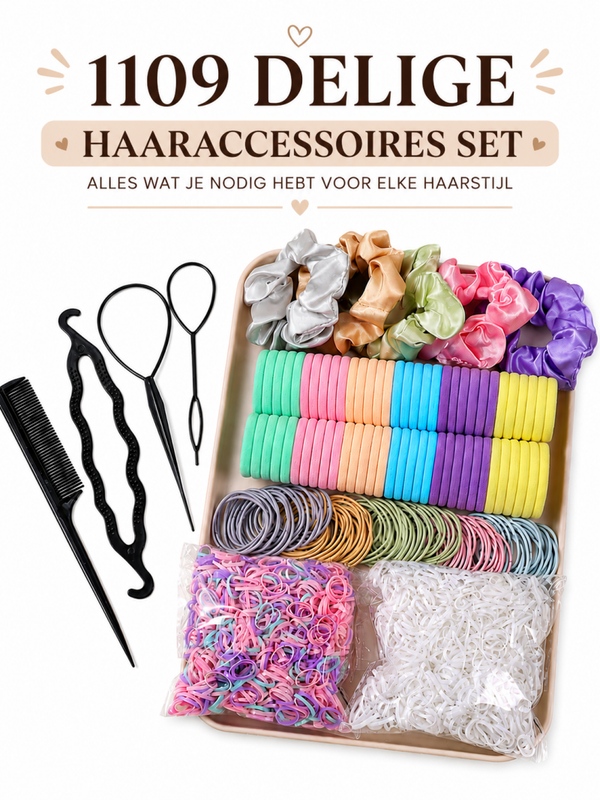 1109 Delige Haaraccessoires Set voor Meisjes & Tieners – Kleurrijke Scrunchies, Haarelastiekjes & Styling Tools – Pastel & Regenboog Kleuren