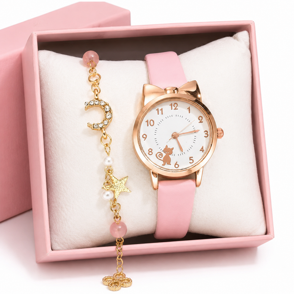 Meisjes Horloge & Armband Set Roze – Kawaii Kattenhorloge met Ster en Maan Armband – 10-14 Jaar