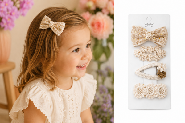 Haarclipjes Meisjes Set – Ivoor & Off-White Kant & Gehaakte Bloemen (4 stuks) – 5,5 cm