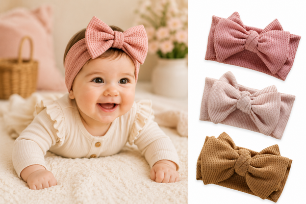 3 Stuks - Baby Haarbandjes met Grote strik (3 t/m 12 maanden) - Bruin Roze Crème