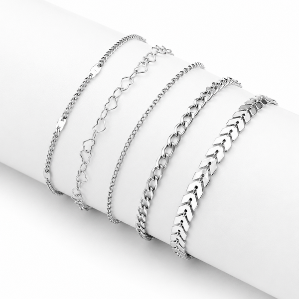 5 Delige Enkelbandjes Set Dames Zilver – Boho Enkelbandjes Verstelbaar