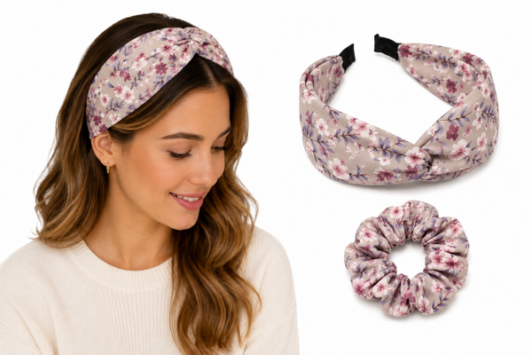 Set Dames Haarband Diadeem gebloemd roze + roze scrunchy elastiek