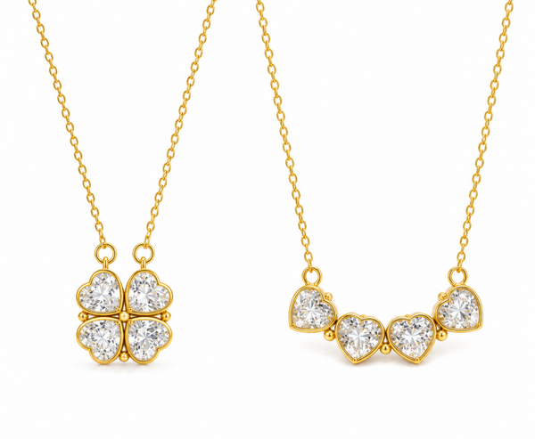 2-in-1 Klaver Ketting Dames Goudkleurig – RVS Verguld – Hartjes Ketting met Zirkonia
