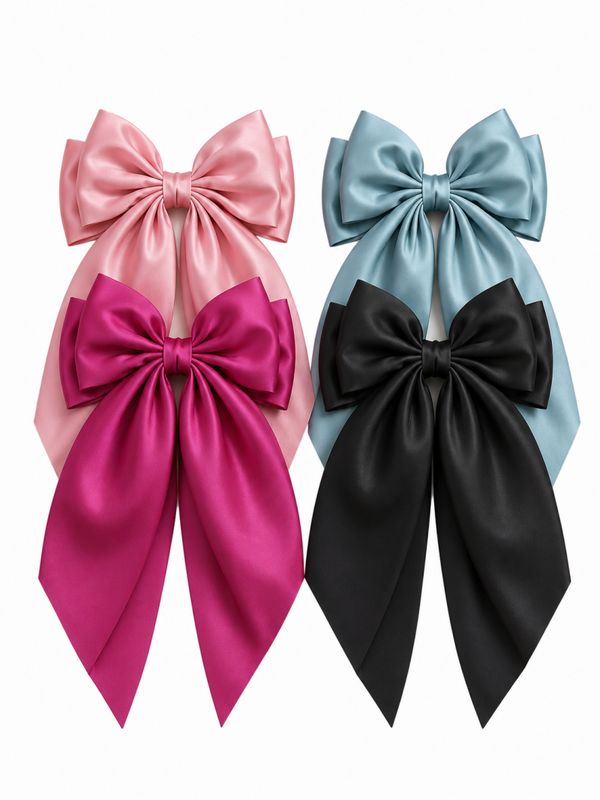 XL Haarstrikken Set voor Meisjes & Tieners – 4 Stuks Satijnen Haarclips – Oudroze, Fuchsia, Zwart & Blauwgroen – Grote Strik Haaraccessoires – 36x18 cm