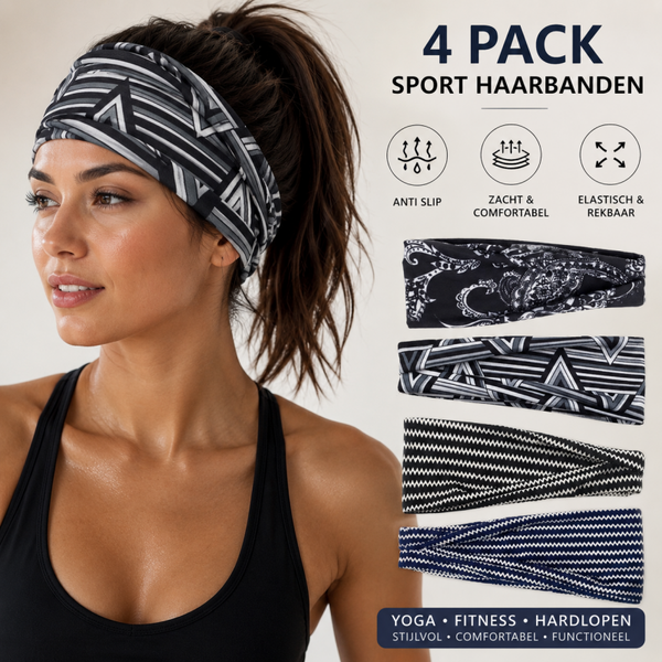 4-Pack Dames Sport Haarbanden – Yoga & Fitness Haarbanden – Elastisch – Strepen & Gebloemd – Navy & Zwart