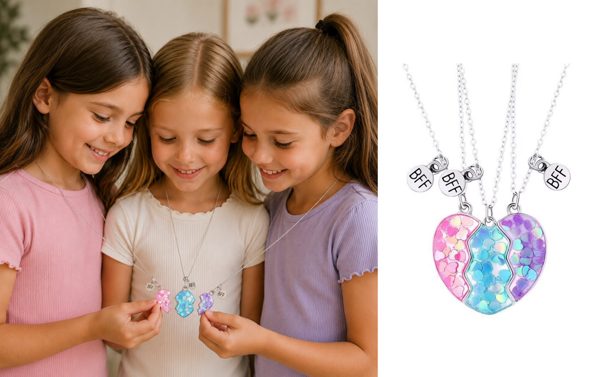 3-delig BFF vriendschapsketting - Hartjes Roze, Blauw en Paars
