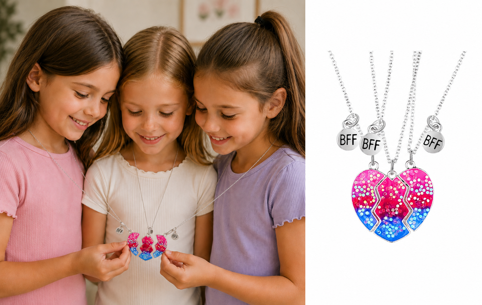 3-delig BFF vriendschapsketting - Hartjes Roze, Rood en Blauw