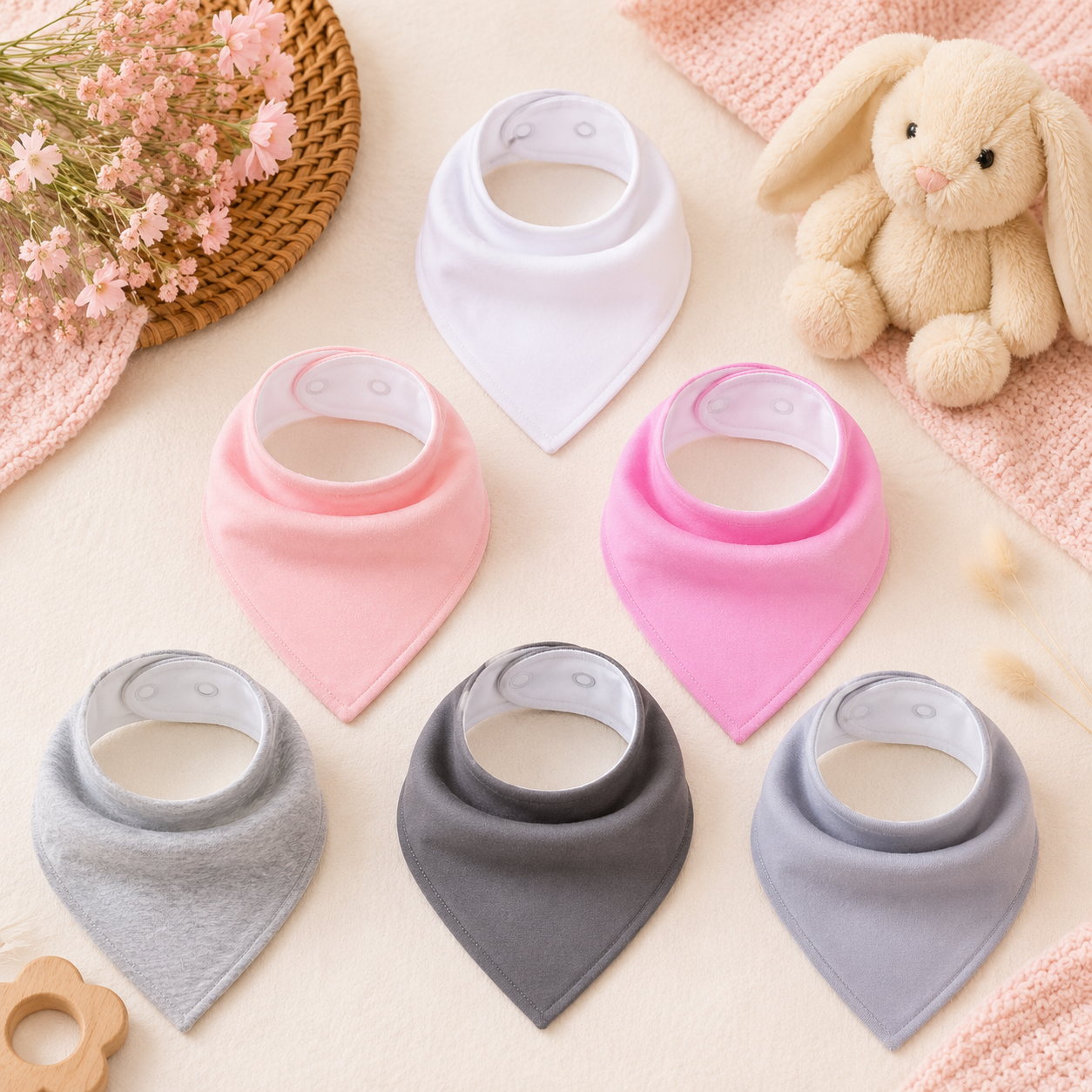 6 Stuks Bandana Slabbetjes met Fleece laag - Roze Grijs