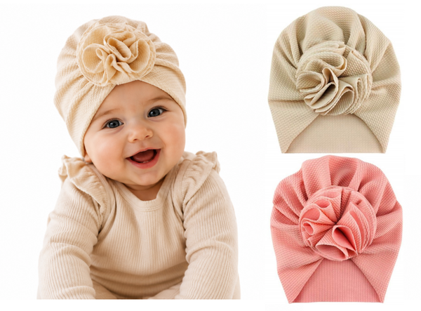 2 Stuks - Babymutsjes met Bloem (3-15 mnd) - Roze en Crème