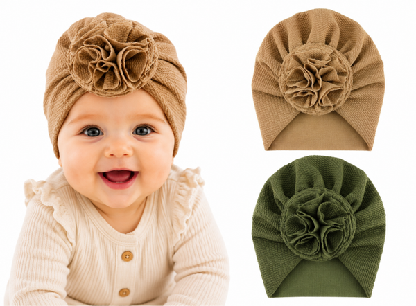 2 Stuks - Babymutsjes - Tulband - met Bloem (3-15 mnd) - Groen en Taupe
