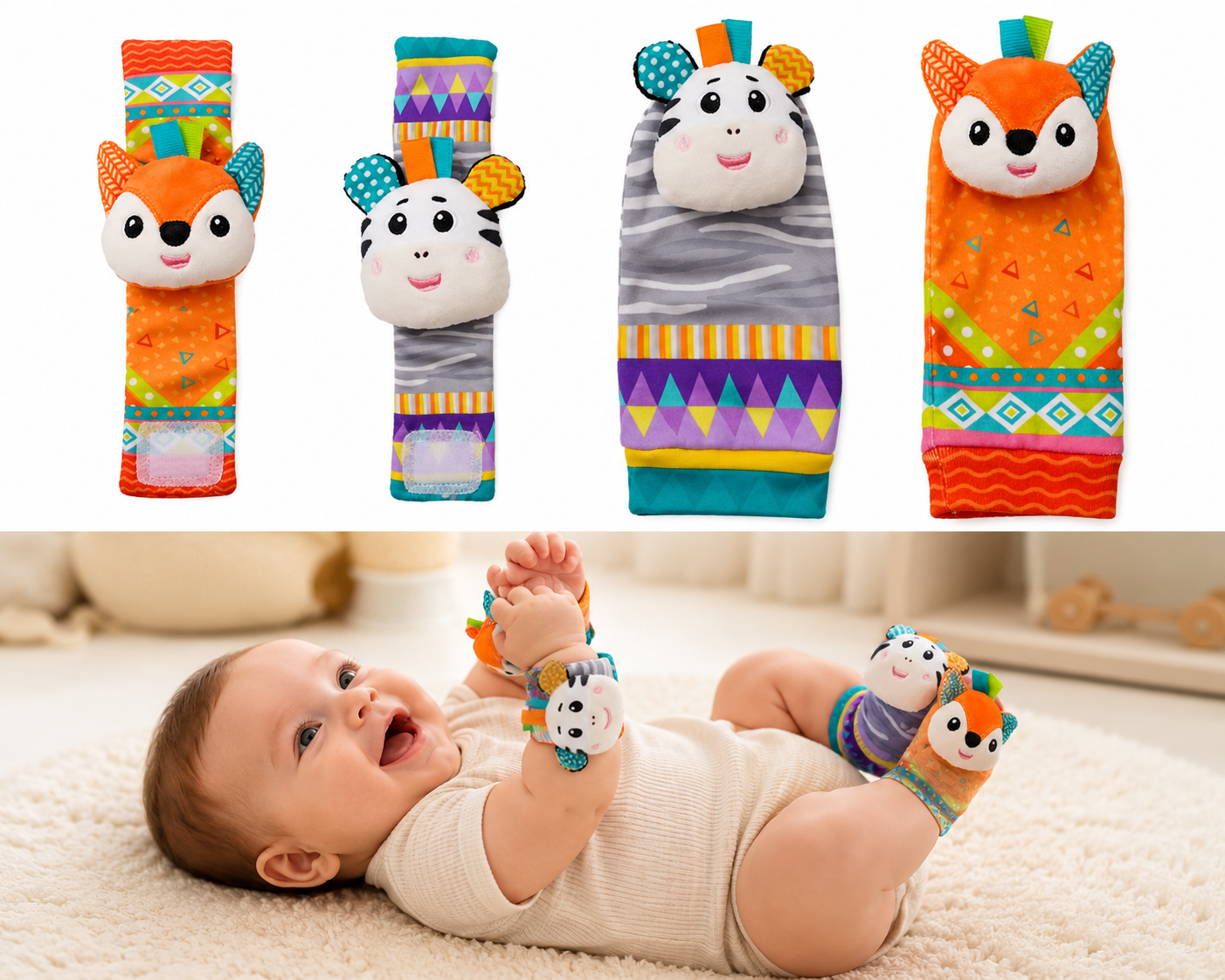 4-Delig Baby Rammelaar Set - Sokjes en Armbanden - Vosje en Zebra