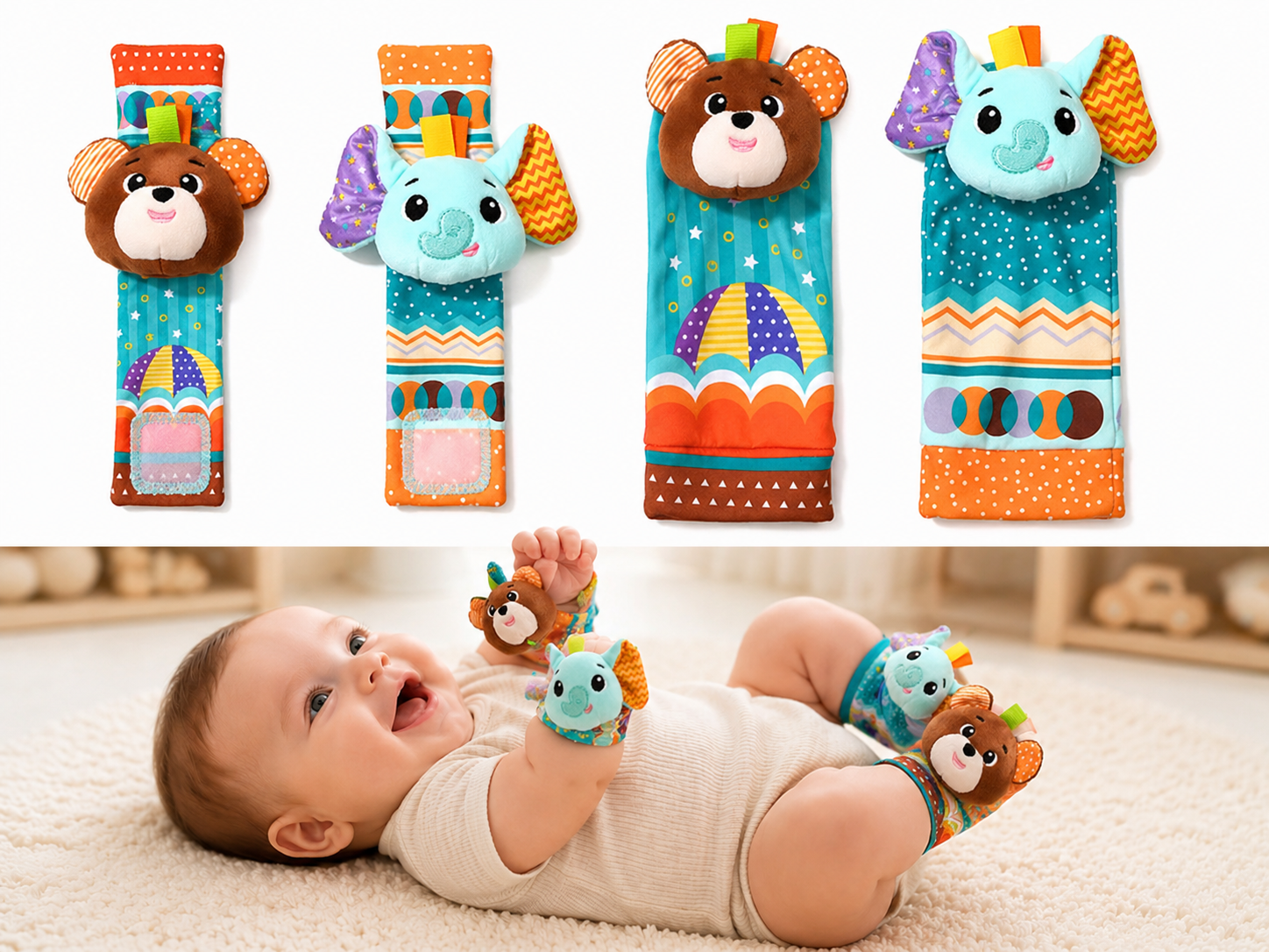 4-Delig Baby Rammelaar Set - Sokjes en Armbanden - Beer en Olifant