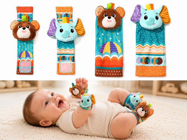 4-Delig Baby Rammelaar Set - Sokjes en Armbanden - Beer en Olifant