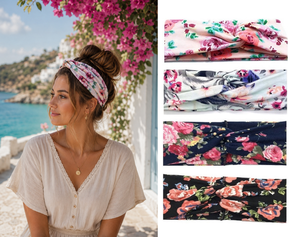 Set - 4 Stuks - Dames Haarbanden Grote Bloemen - Zwart - Blauw - Roze - Groen