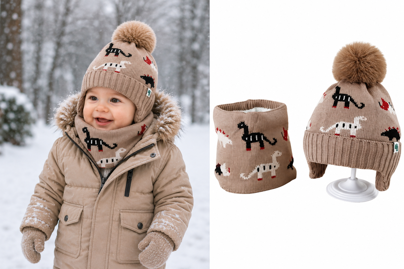 Set Muts Colsjaal Baby Peuter (6-24 maanden) - Beige - Dinosaurus Print