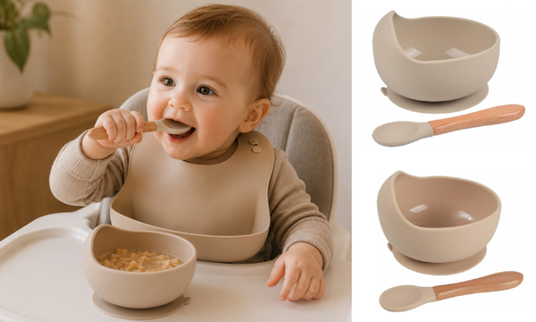 2 Stuks - Baby Kommetjes met Zuignap met Lepel - Beige Taupe - Siliconen Kom Onbreekbaar