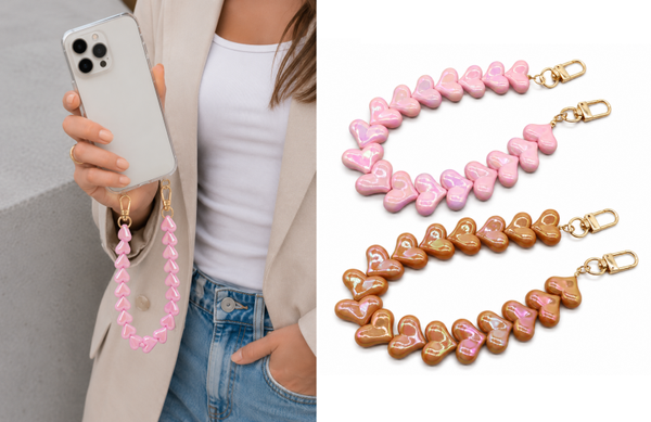 Telefoonkoord Hartjes Set van 2 – Telefoonhanger Smartphone – Roze & Bruin – Kunststof Kralen – Polskoord voor Telefoonhoesje – 32 cm
