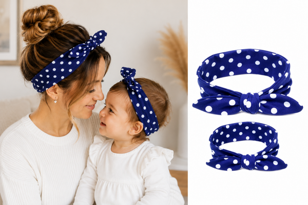 Per 2 stuks | Matching Moeder baby dochter (0-2 jaar) Haarband met lintjes blauw gestipt