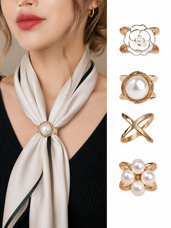 Sjaalring Set 4 Stuks – Parel Design – Sjaalhouder & Sjaalclip – Sjaalklem Dames – Goudkleurig – Voor Sjaals & Shawls