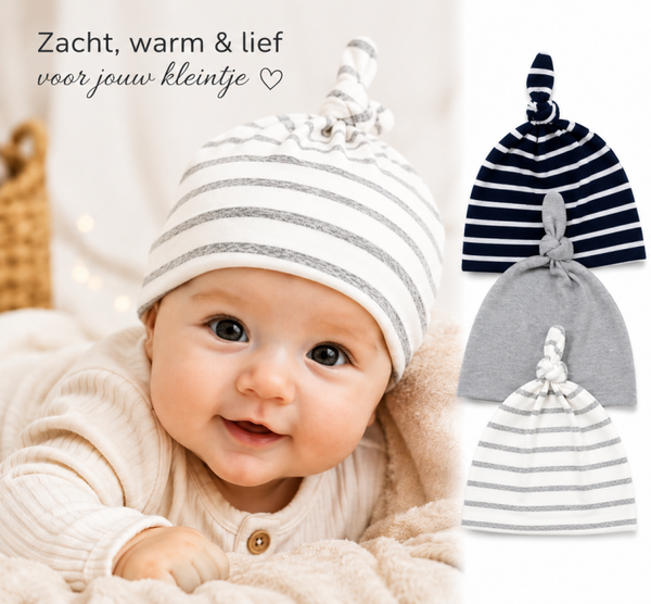 Babymutsjes Newborn 3 Stuks – Zachte Katoenen Baby Mutsjes met Knoop – Warm & Ademend – 0-3 Maanden – Grijs/Wit Gestreept