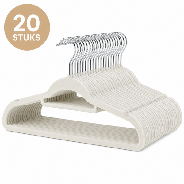 Velvet Kledinghangers Volwassenen – Set van 20 – Antislip Fluwelen Hangers – Met Broekstang & Inkepingen – Crème – 42 cm