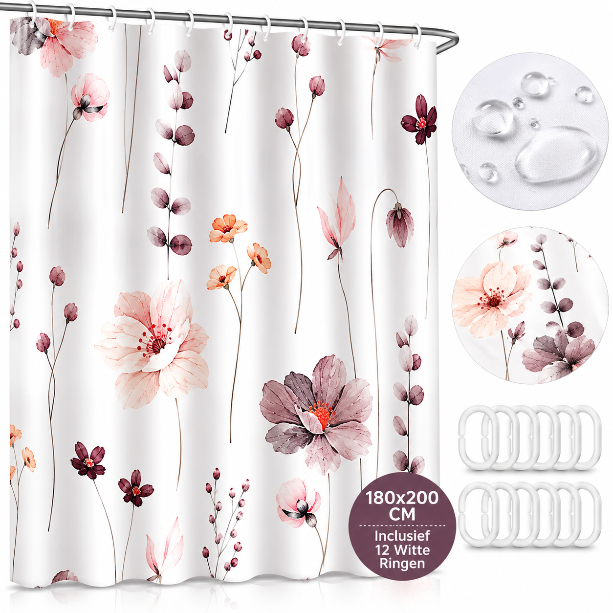 Douchegordijn Bloemen 180x200 cm – Waterafstotend Polyester – Inclusief 12 Witte Douchegordijnringen – Wasbaar – Badkamer Gordijn Floral Beige Roze