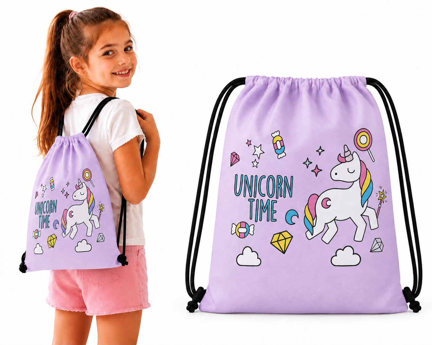 Unicorn gymtasje "Unicorn time" paars - verstelbaar | Leeftijd: 4 t/m 12 jaar