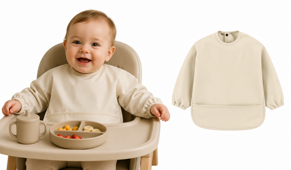 Waterdicht Beige Effen Slabbetje met Opvangbak – 3-18 maanden - Extra Stevig & Machinewasbaar