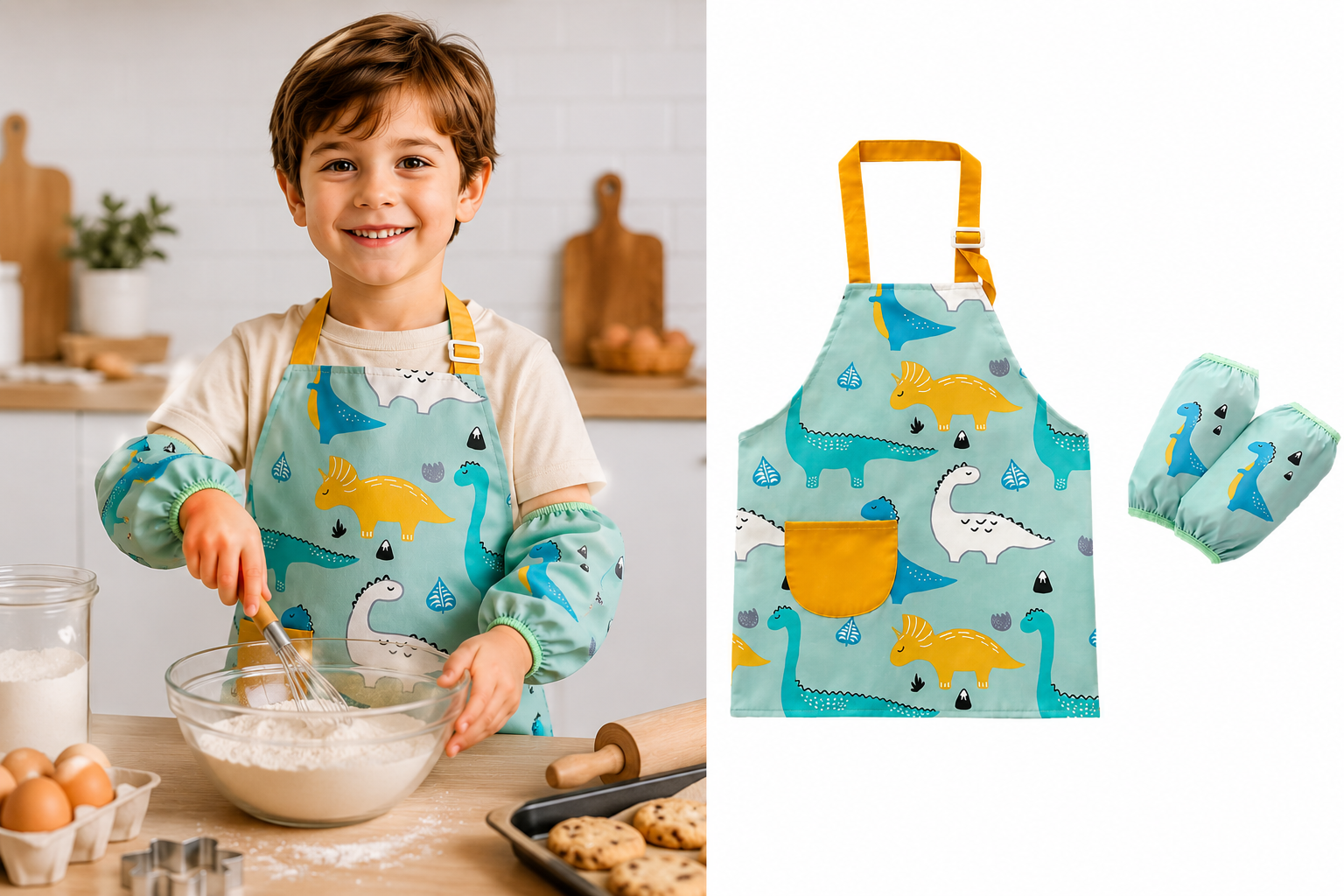 Kookschort Kind Waterproof - Keukenschort Geel Mintgroen Dinosaurus Print - 3-5 jaar en 4-7 jaar