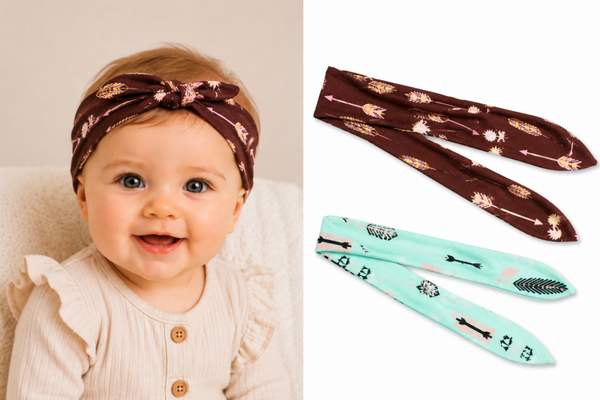 Verstelbare Baby Haarbandjes met Strik – Set van 2 – Groen & Bruin Pijltjesprint – 0-3 Jaar