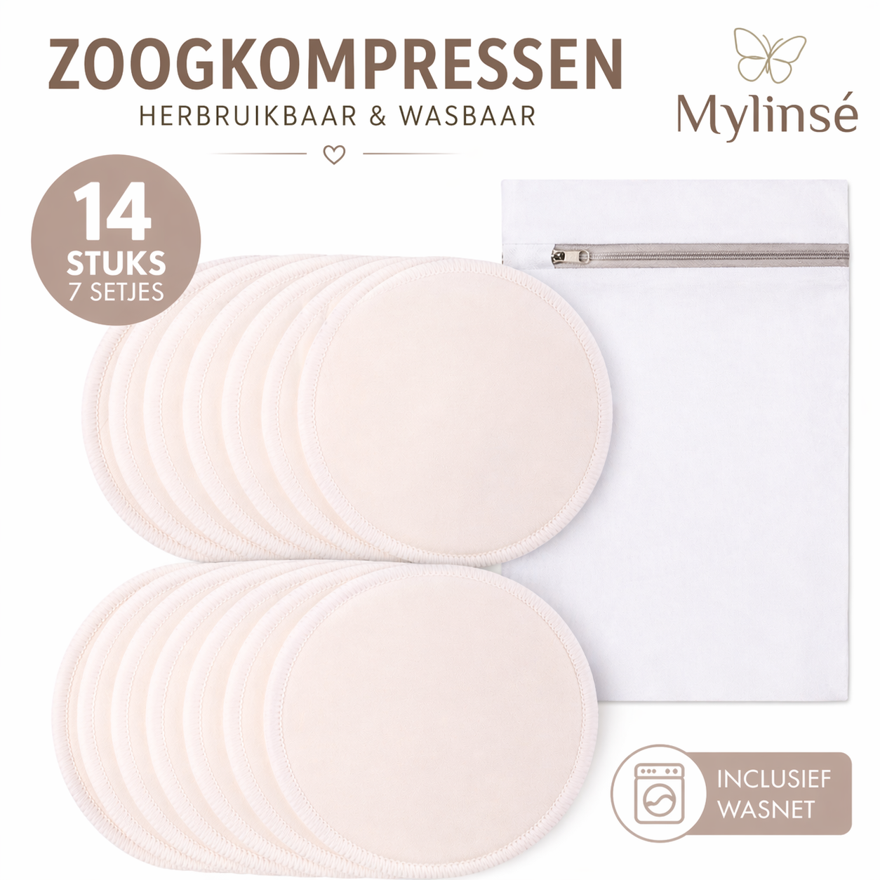 Herbruikbare bamboe zoogkompressen – 14 stuks (7 paar) – Beige/crème